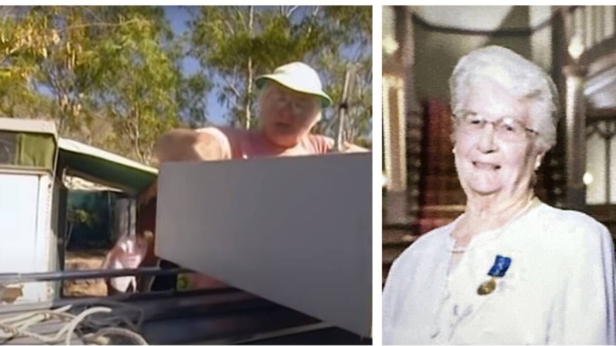 (Left) Esma Cochrane packing for another day on the road. Screenshot from the 1997 documentary "Grey Nomads". (Right) After receiving her OAM. Picture supplied. 