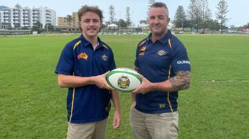 Noah Thick and Australian Deaf Rugby Union Mens team coach Dave Kearsey. Picture by Abi Kirkland