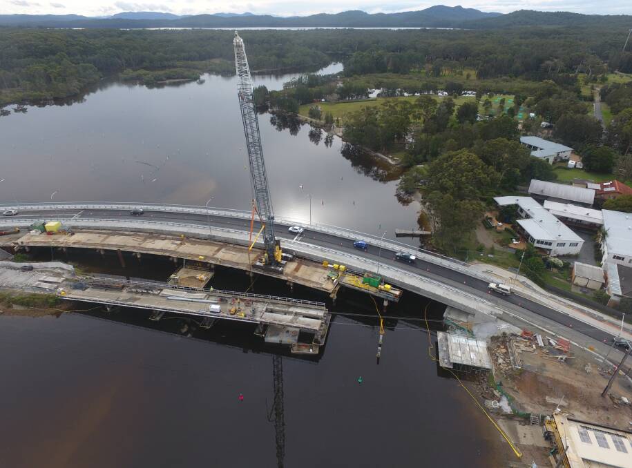 It's almost done: A birds-eye view of the new Stingray Creek Bridge, and old bridge being demolished. 