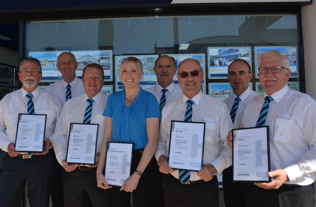 Harcourts awards: Paul Wright, Marc Minor, Jade Wallis, Ross Lindsay and Barry Thompson with their awards.