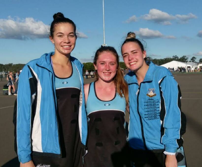State champions: Wauchope Netball Club players Tegan Holland, Amber Stokes and Molly Styles were part of the u17s division 2 state title winning team. Pic: Kim Thompson
