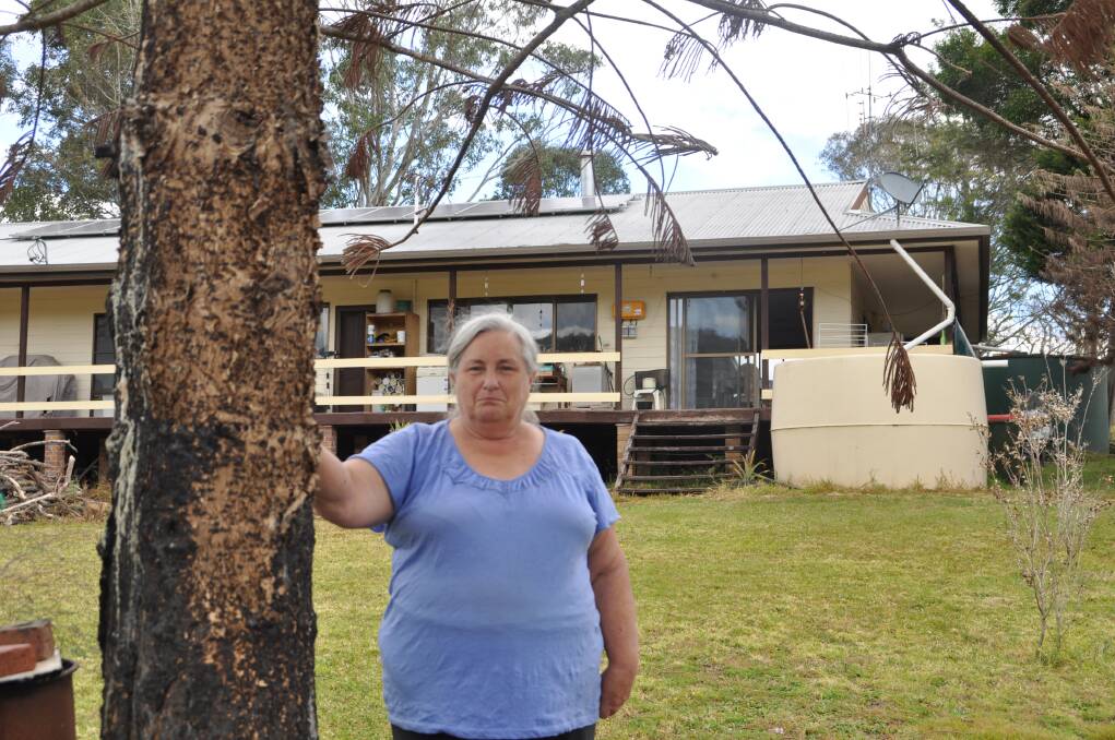 Elizabeth Gough beside a burnt tree behind her Pappinbarra home where she and her husband narrowly escaped the devastating February 12 bushfires.