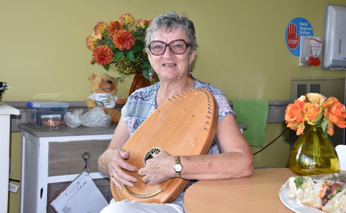 Wauchope palliative care unit volunteer Jill Drury brings this reverie harp to patients to soothe them.