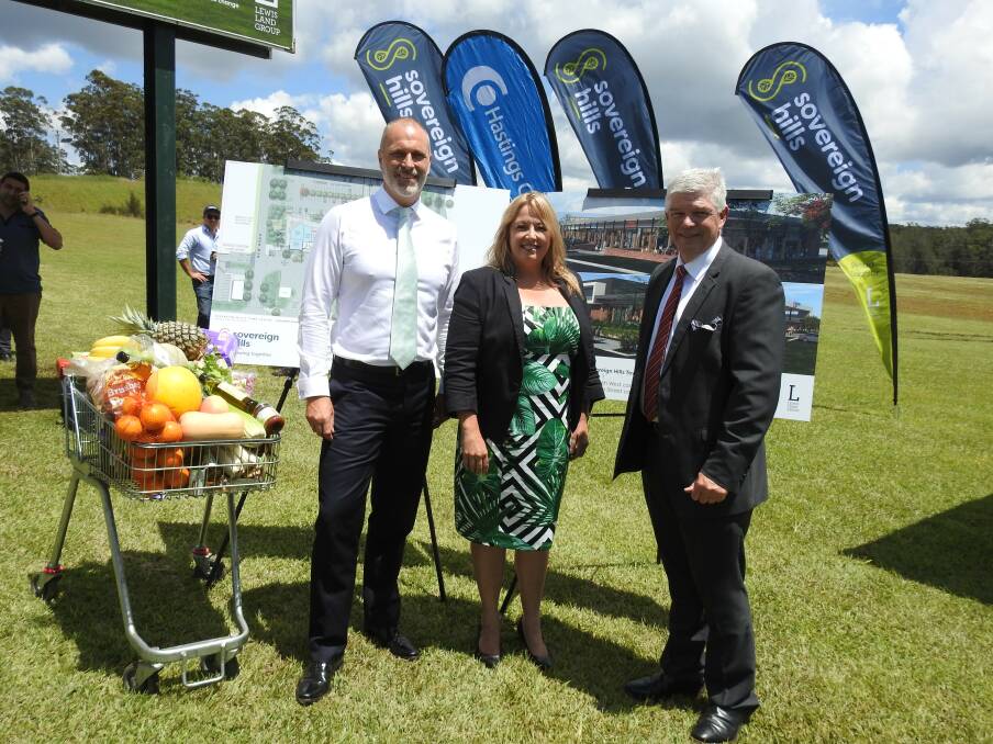 GOOD NEWS: Lewis Land Group CEO, Mayor Peta Pinson and Hastings Co-op CEO Allan Gordon at the site of the Sovereign Hills centrepiece.