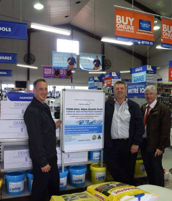 Local invention - TERM-seal's Ed Caruana, Mitre 10 manager David Hore and Hastings Co-op CEO Allan Gordon at the Mitre 10 store where the new product, which is manufactured in Brisbane, is being sold.