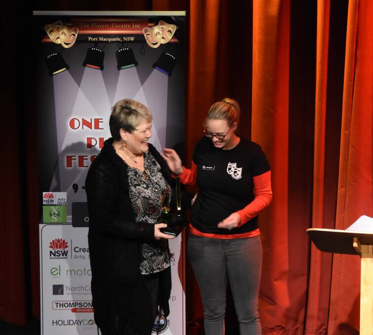 Honoured: Port News journalist Vickii Byram receives the Best Actor Female trophy and award from Jacqui Davis, representing sponsor NorthCorp Wealth.