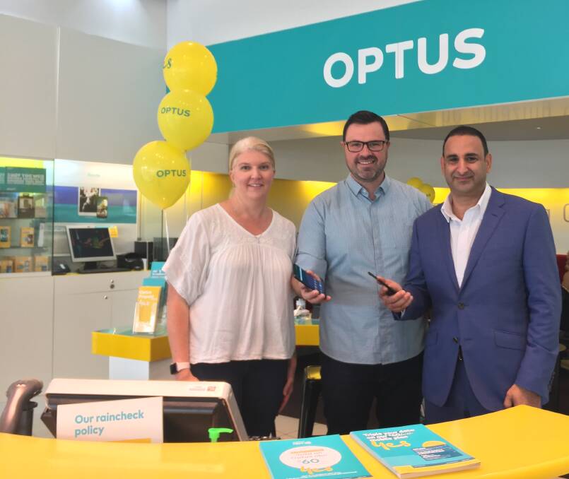 Staying connected: Port Macquarie Optus licensees Suzie Richards-Brown and Michael Richards-Brown, and Optus acting NSW state manager Eric Albina welcome the $6 million Optus commitment to improve 4G mobile coverage.