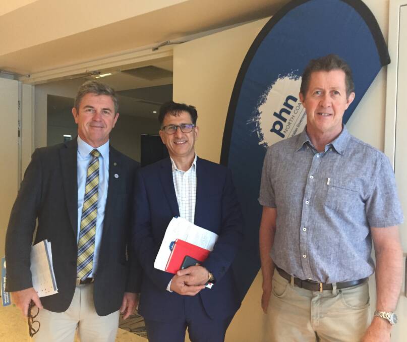 Assistant Health Minister and Lyne MP Dr David Gillespie, North Coast Primary Health Network chief executive Dr Vahid Saberi and Cowper MP Luke Hartsuyker at the showcase of mental health, alcohol and other drug treatment services.