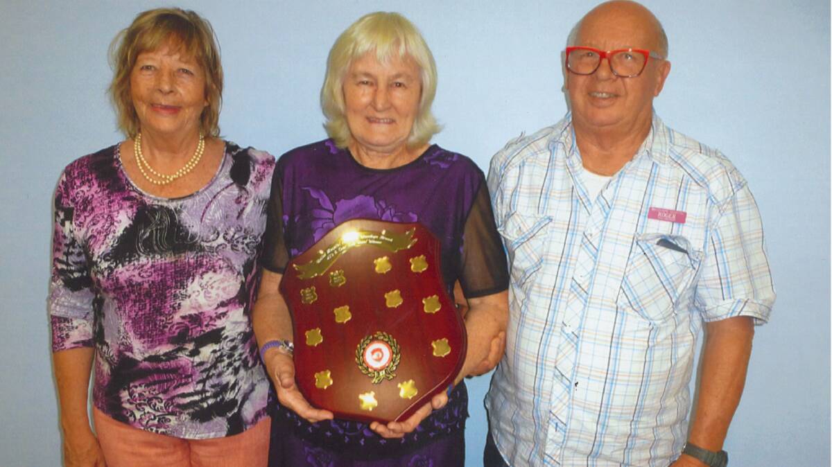 Deputy mayor Lisa Intemann, Carmel Porter with the Senior Vocal Winner perpetual trophy and Roger Adams OAM of the Wauchope Hospital Auxiliary. 