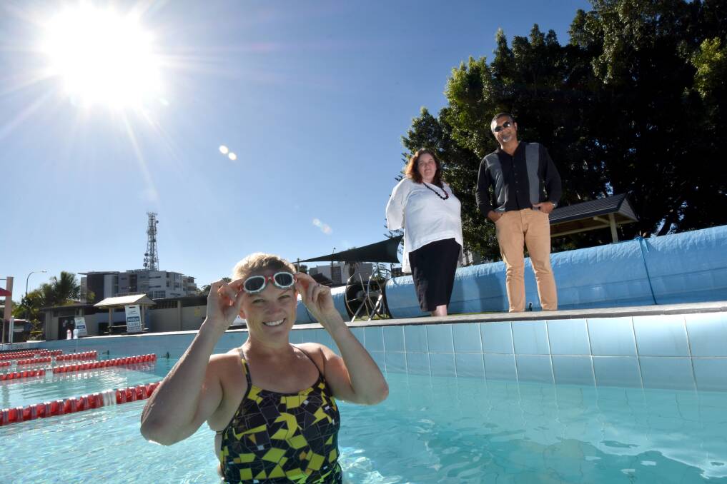 Success story: Aboriginal Family Worker Jo Shipp, and drug and alcohol counsellor David Fredericks with Emma Schuch in the pool. All three are strong supporters of plans to kick-start an aboriginal swim academy in Wauchope.  
Pic:?PETER?GLEESON