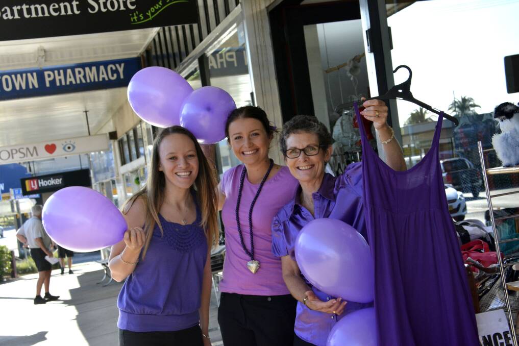 Purple patch: Sharni Newman, Jaclyn Lindsay and Jo Denham at the Hastings Co-op Department store. Pic. Peter Gleeson.