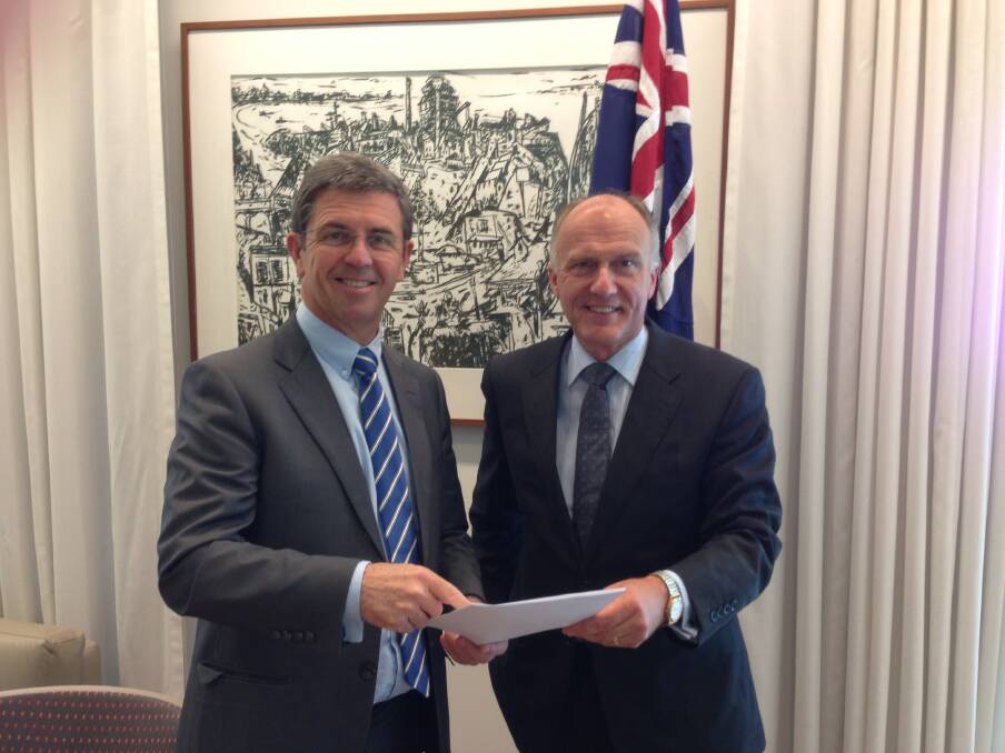 Local benefit: Federal Member for Lyne David Gillespie discusses the new measures with Employment Minister Senator Eric Abetz