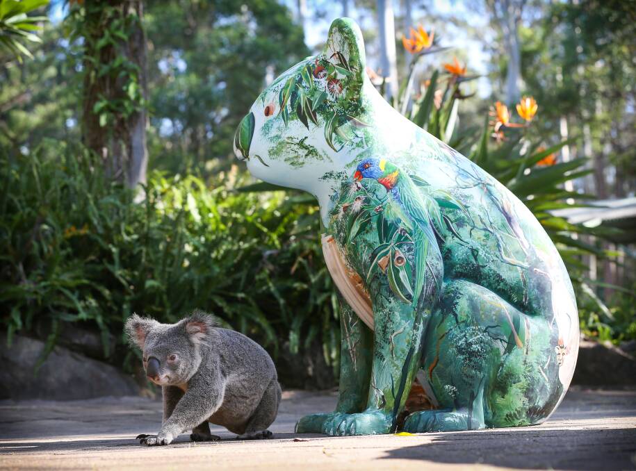 Stone the crows: 'Stoney' the koala is not too sure what to make of the Bruce Whittaker-painted Hello Koala sculpture at Billabong Zoo.  
Pic: Lindsay Moller