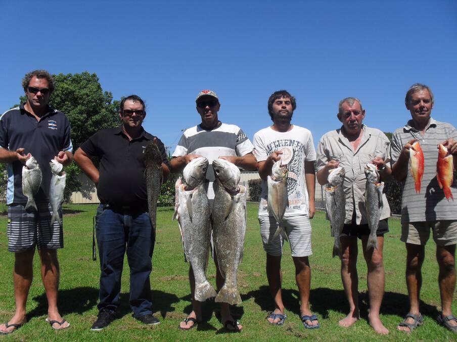 Good results: Wauchope RSL Fishing club members at the weigh-in after their monthly outing, from left, Matt Rumble, Mick Winchester, Allan Kilpatrick, Brett Hollis. Daniel Murphy and Tim Hall.