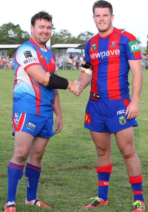Good sports: Wauchope Blues' Adam McMurray with Lachlan Fitzgibbon from the Newcastle Knights (PIC: Images courtesy of www.nashyspix.com)