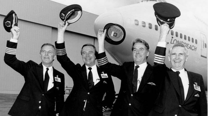 The flight crew from the record-breaking Qantas flight in 1989. Photo: Qantas