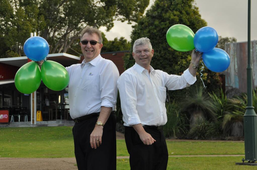 Community first: Holiday Coast Credit Union CEO, Neville Parsons and Hastings Co-op CEO, Allan Gordon are hosting a double celebration in Wauchope's historic Bain Park next week