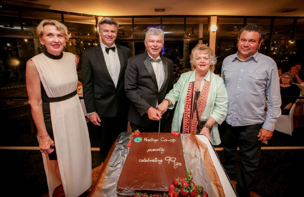 Momentous occassion: Special guests, NRMA deputy president Wendy Machin, NSW Farmers Association CEO Matt Brand and celebrity chef Clayton Donovan (right) joined Hastings Co-op CEO Allan Gordon and chair Julie Muller to cut the 99th birthday cake.