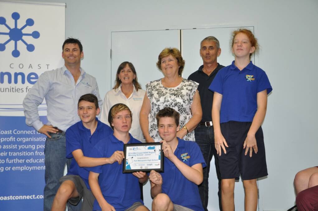 Port Macquarie High School won the Junior First Prize in the Cows Create Careers Farm Module. Some of the team accepted the prize on behalf of the school, pictured with Dairy Australia's Josh Hack, Mid Coast Connect's Jenny Fraser and PGG Wrightson Seeds' Kevin Williams