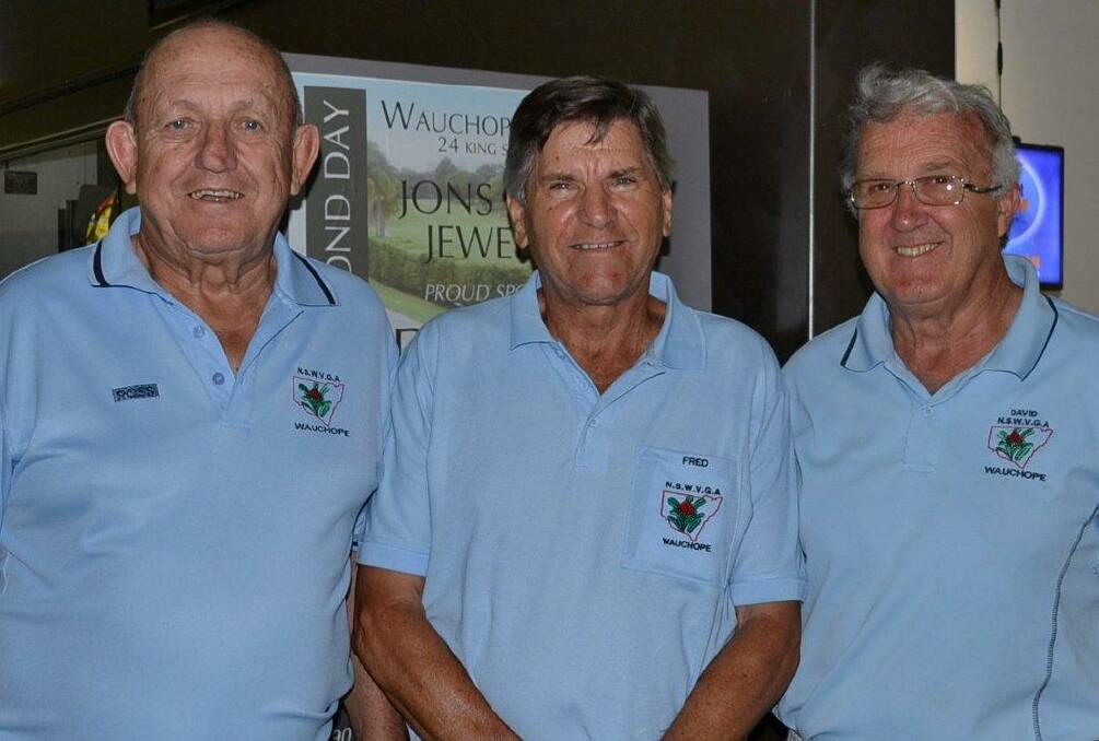 Hot competition: Veteran golf Two Man Stableford Multiplier event winners, from left, Ross Bird, Fred Ertl and David Crees.