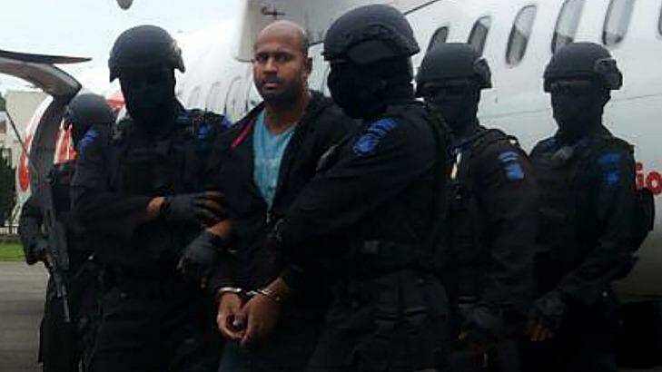 Myuran Sukumaran handcuffed arriving at Cilacap airport. Photo: Supplied