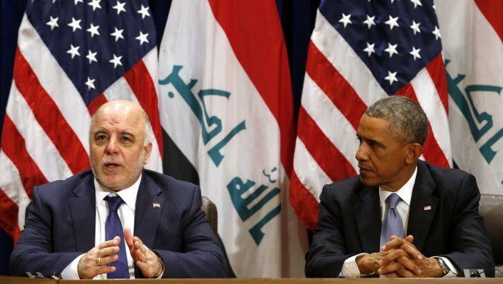 Confusion: Iraqi PM Haider al-Abadi, left, stunned American reporters by informing them that Iraq had "credible" evidence that the Islamic State planned to bomb New York. Photo: Kevin Lamarque