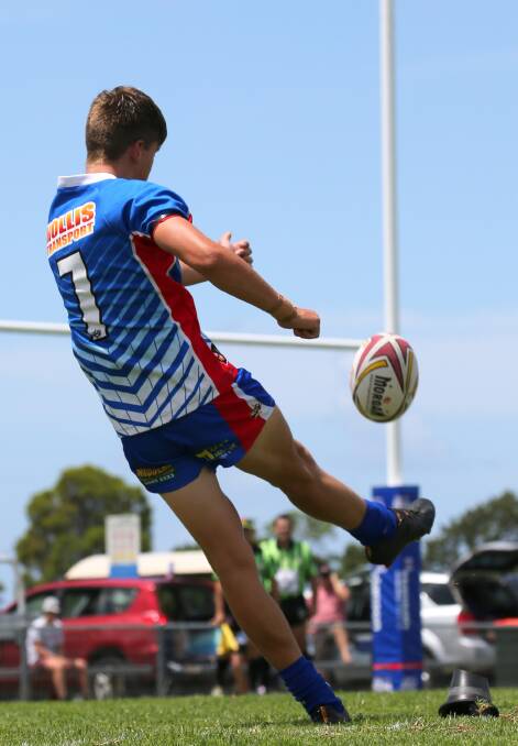 Straight kick: Wauchope Blues u18's player Mark Bell in action on Saturday (PIC: courtesy of www.nashyspix.com)