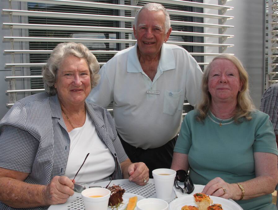 Masons helping: Julie Gillard, Ray Posner of Lodge Star and Lachlan Macquarie Lodge and Cathy Posner of Wauchope enjoying the morning tea held in honour of the fundraising efforts of Freemasons from throughout the Hastings and Macleay valleys.