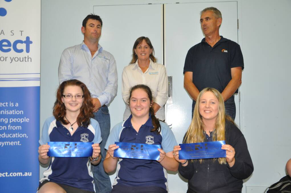 THE Top Team from Wauchope High School in the Cows Create Careers Farm Module, from left, Kiarni Pritchard, Charlotte Reynold and Elsie Rogers, holding their ribbons, pictured with Dairy Australia's Josh Hack, Mid Coast Connect's Jenny Fraser, and course mentor Kevin Williams, from PGG Wrightson Seeds.