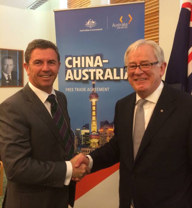 Historic agreement: Member for Lyne David Gillespie with Federal Trade Minister Andrew Robb in Canberra