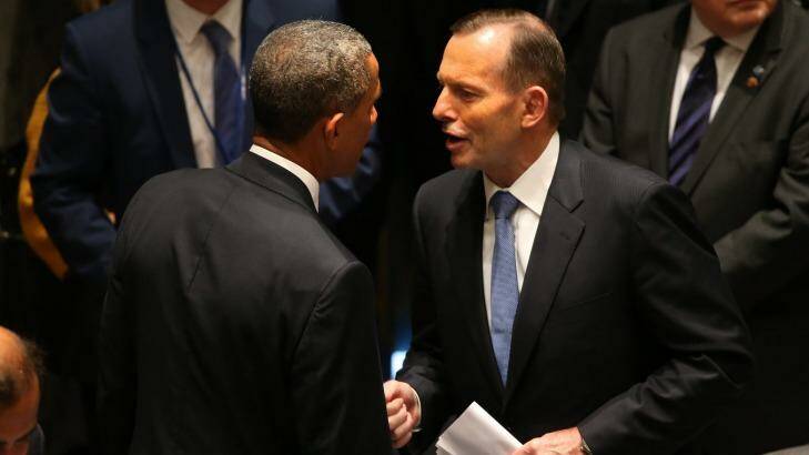 President Obama meets Australian PM Tony Abbott in New York. Photo: Kym Smith