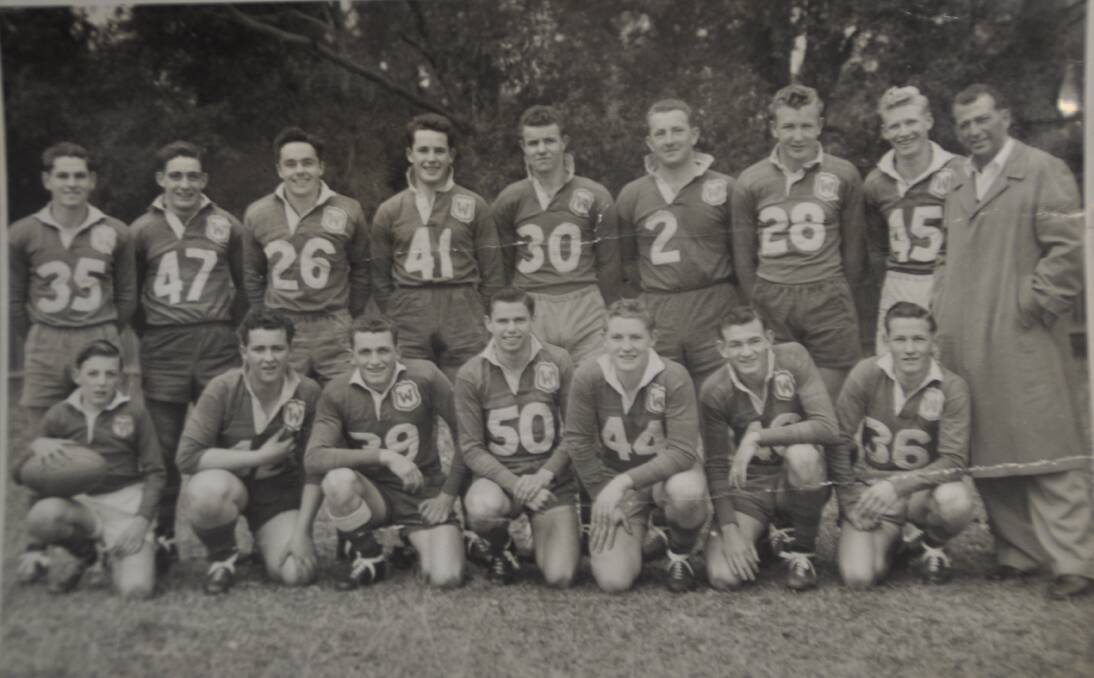 The 1955 Under 18 premiers: Back (l-r) Ted Monkley, Keith Bannerman, Manning Foster, Ross Andrews, Pat Monaghan, Tom Walsh, Don Marchment, George Fowler and coach Austy White, front (l-r) ballboy Ian Bain, Charlie Coombes, Bob Laws, Robert Hagarty, Warren Kimberley, Paul Jones and Don Monkley.