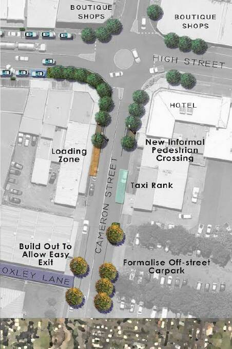High and Cameron Street precinct: The plan proposes to improve the roundabout and incorporate trees and renovated gardens. Oxley Lane would be built out to allow safe exit visibility and shade trees planted to assist with passive traffic calming.