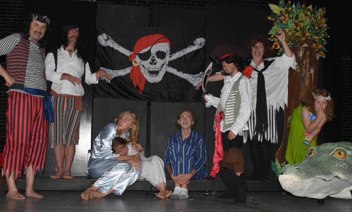 On with the show: Tall pirate Chris Wood, other older pirate Jessie Cooper, Wendy is Amity Gilmour, Anna (little girl) is Alira Neale, Georgie (boy in pjs) Harley Coleman, young pirate Jimmy Eggert, female pirate Kylie Winn, and Tinkerbell Abby Boland.