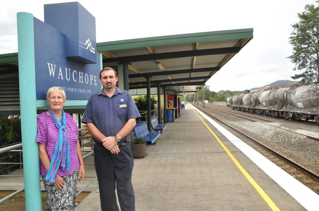 Wauchope to Wingham: Wauchope District Historical Society representative Jeannette Rainbow with Joe Fraser, NSW Trainlink Booking Office Manager for Wauchope at the Wauchope Railway Station.