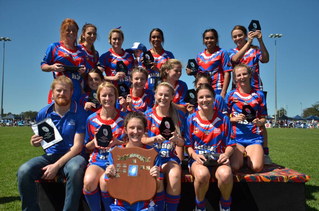 How sweet it is: The Wauchope RSL Blues Women's League Tag team pose with their trophies after winning the 2014 Group 3 grand final on Sunday