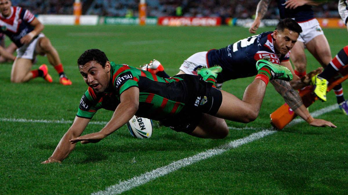 Alex Johnston scores a try for Souths during the First Preliminary Final match between the South Sydney Rabbitohs and the Sydney Roosters at ANZ Stadium. Photo: RENEE MCKAY/GETTY. 