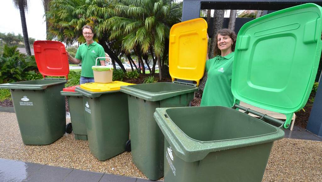 Cr Rob Turner and Cr Sharon Griffiths promoting the new bin strategy.