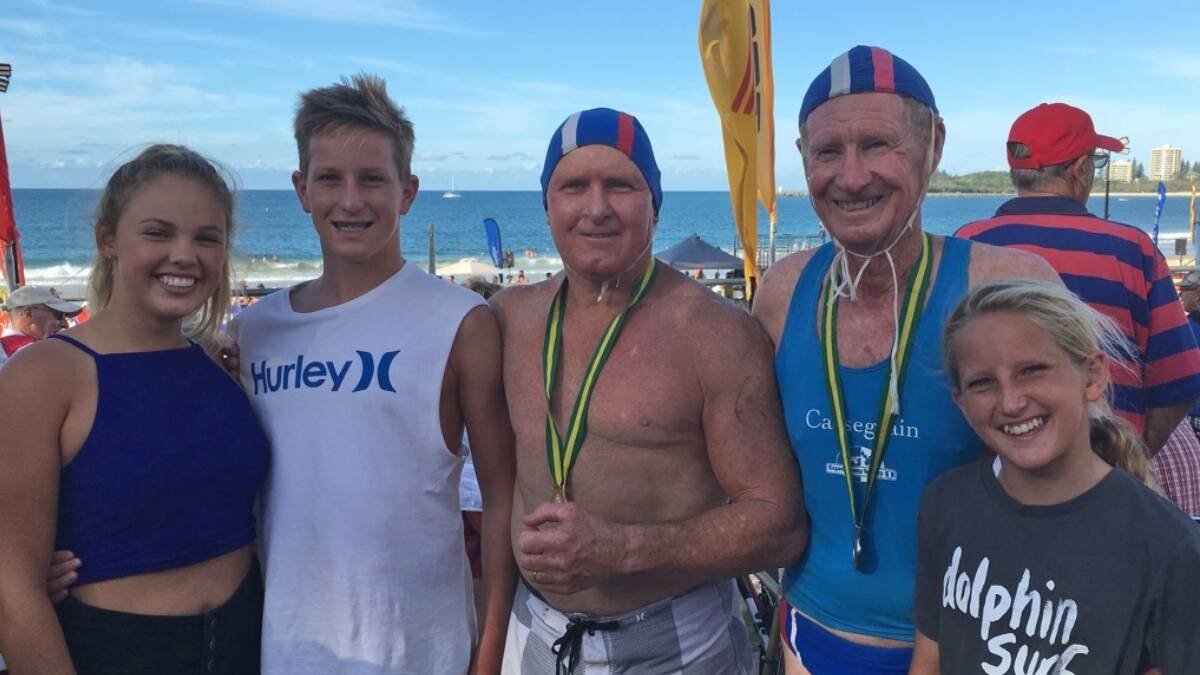 WBHSLSC competitors Taylor Sargeant, Hugh Stewart, Keith Charles, George Fowler and Elaine Walker (not pictured) and Isaac Sanderson (not pictured) cheered each other on at the recent Australian Surf Life Saving championships in Maroochydore.