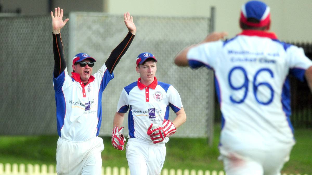 Sweet victory: Mick Gough and Darren Bourke celebrate a wicket for Wauchope RSL in the first grade grand final win against Macquarie Hotel at Oxley Oval last year.