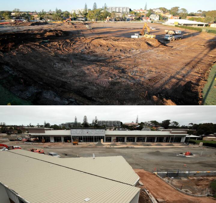 Progression: The Kmart Port Macquarie site in May, 2016, on top. Below a photo of the site taken this month with construction teams nearing the end. Photos: Supplied.