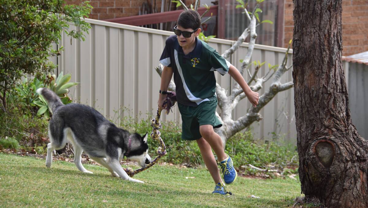 Beautiful sight: Caleb, now full of beans, running and playing in his backyard with his dog, Macie. Photo: Matt Attard