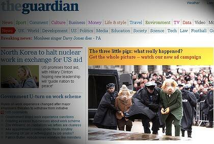 Ham and legs ... The Guardian's home page, featuring the three not-so-little piggies promo.