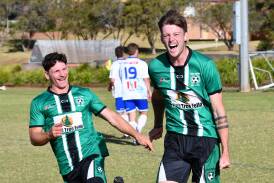 Port United's Josh Snowden and Riley Taylor in the 2023 Zone Premier League grand final. A penalty kick to Riley Taylor proved to be the decisive moment in the 2024 Nambucca Cup Challenge. Picture by Penny Tamblyn