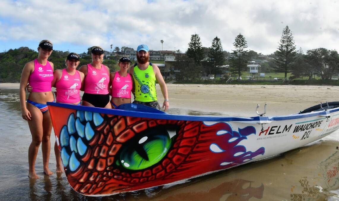 Wauchope-Bonny Hills SLSC's under 19 women's team Grace Field, Brooke Instrell, Charlee Maher, Lilly Maher and their sweep Dylan Sainsbury are ready for the series final round. Picture by Emily Walker