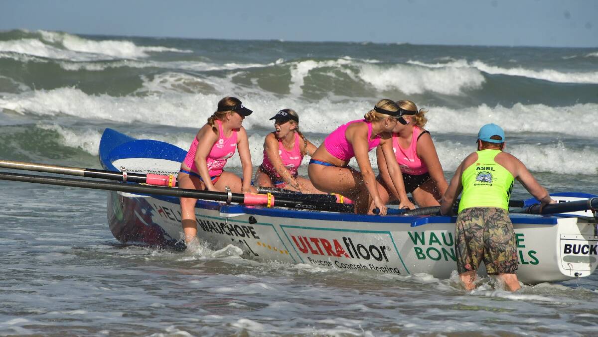 Wauchope-Bonny Hills Surf Life Saving Club under 19 women's team prepare for the North Coast Surf Boat series final round. Picture by Emily Walker