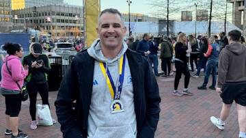 Tadhg Kelliher at the finish line the day before the Boston Marathon, run earlier this week. He completed the 42,2km course in 2 hours 48.