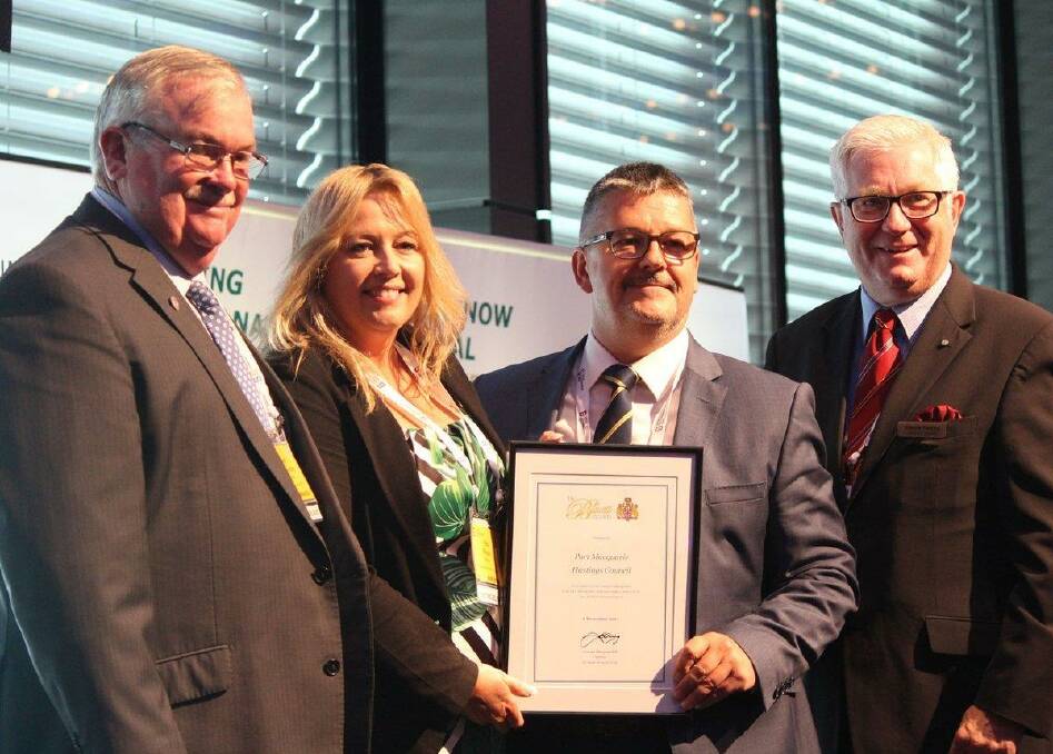 It's ours: Local Government NSW president Keith Rhoades, Mayor Peta Pinson, general manager Craig Swift-McNair, Graeme Fleming PSM, retiring A R Bluett Trust Award Chairman & Trustee.