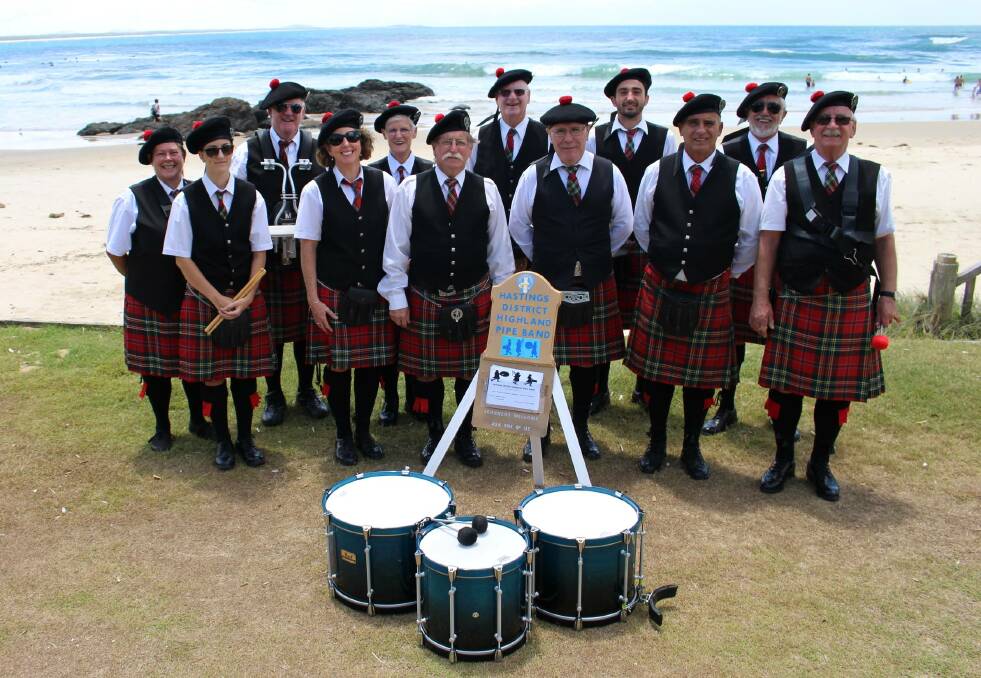They're gathering: Members of the Hastings District Highland Pipe Band at a recent performance. The group will celebrates its 50th year of operation with several major events.