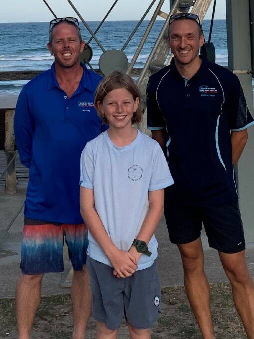 Rescue heroes: Wauchope Bonny Hills Surf Life Saving Club members James and Billy Stapleton and Nick Player pulled two swimmers from a dangerous rip at Rainbow Beach, Bonny Hills on Sunday November 15.